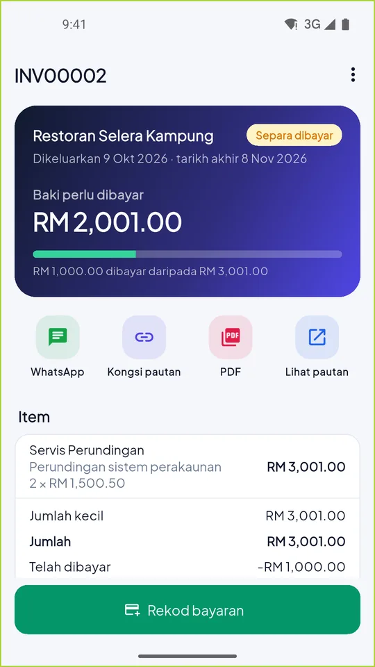 Invois dalam app SAPRO di telefon