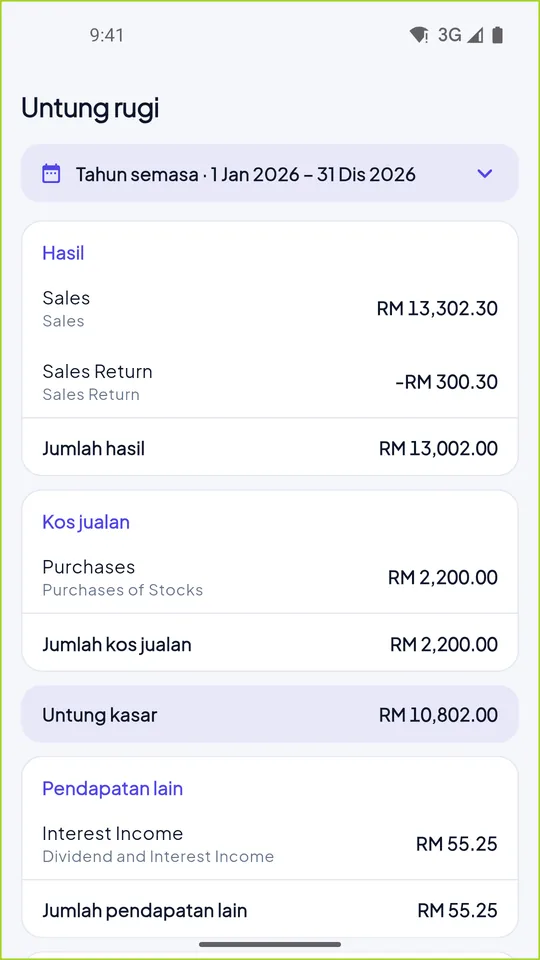 Penyata untung rugi di telefon